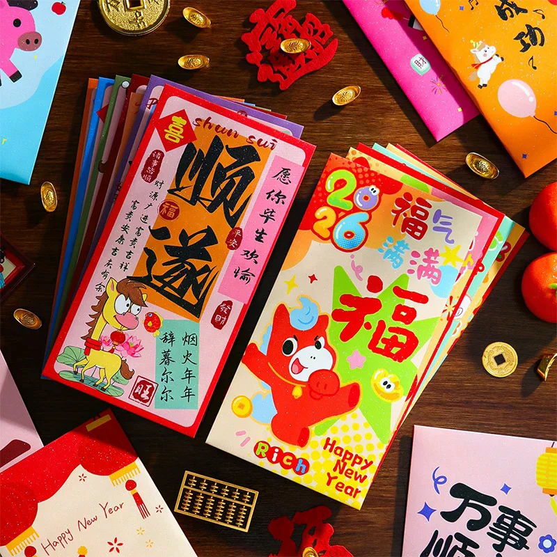 

6/12Pcs Cute Zodiac Horse Pattern Red Envelopes 2026 Horse Year Chinese Style Red Packet Luck Money Bag New Year Supplies