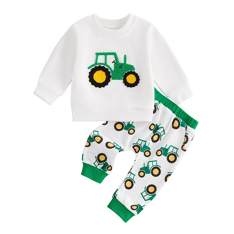 Baby Toddler Boys Fall Outfits Tractor Embroidery Pattern Long Sleeve Crew Neck Sweatshirts with Pants 2 Pcs Set