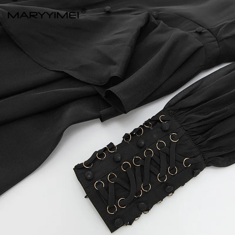 MARYYIMEI แฟชั่นผู้หญิงชุดยืนคอโคมไฟแขนเสื้อ Ruffles ไม่สมมาตร Bodycon Draw String Dresses