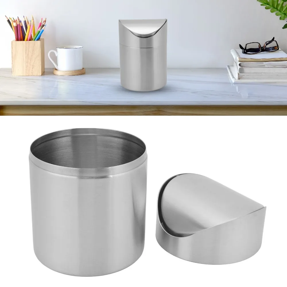 Sleek Stainless Steel Mini Trash Can Swing Lid Silver Desktop Trash Can Compact Size Swing Lid Trash Can Office