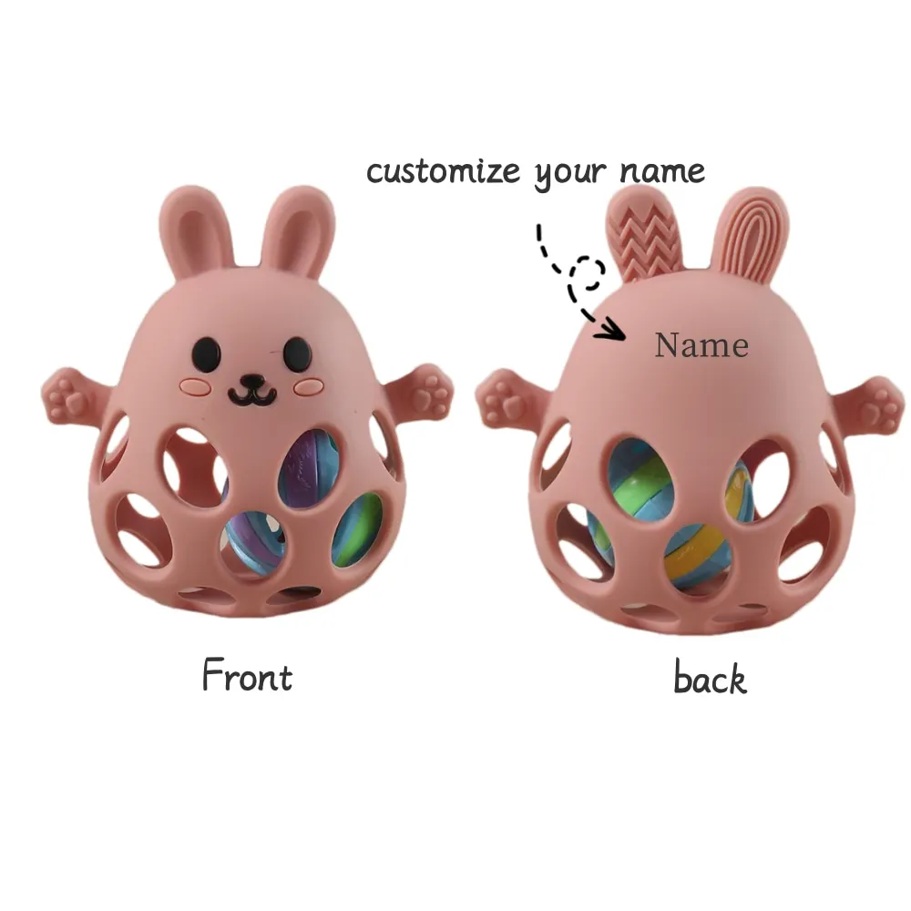 Personalized baby Teether Custom Name Silicone Teething Toy Cute Bunny Easter Rabbit Rattle Bell