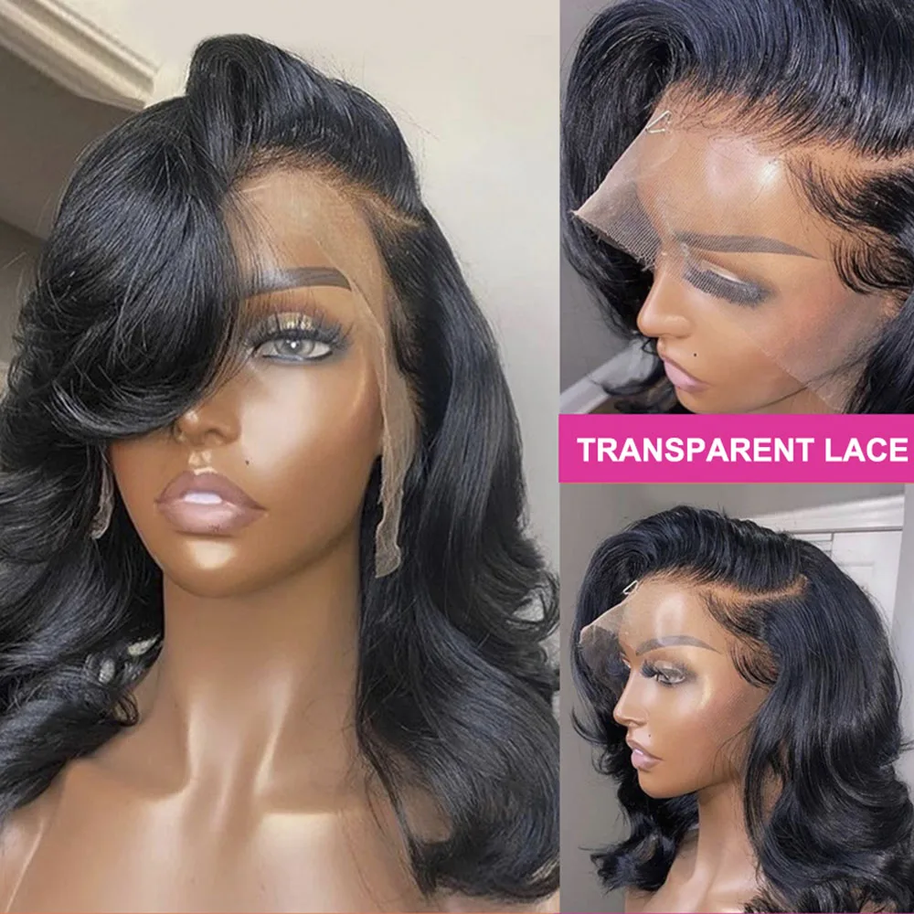 

Side Part Brazilian Body Wave Short Bob Wig Transparent 13x1 Lace Front Human Hair Wigs for Women Pre Plucked Natural Hair 180%