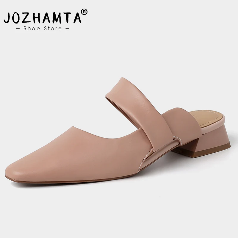 JOZHAMTA Size 34-39 Mules Shoes Women Real Leather Sandals Low Heels Summer Shoes For Women Pointed Toe Slippers Casual Slides