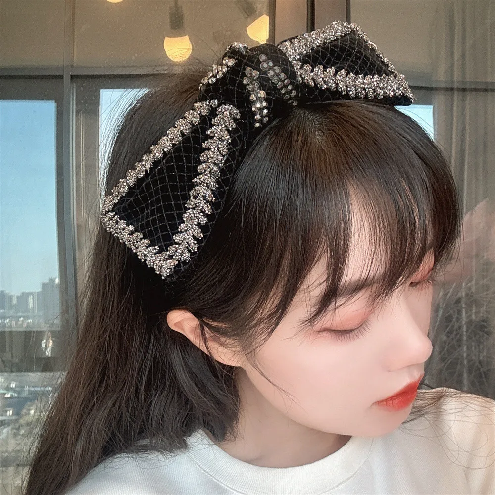 Black Crystal Bow Headband for Women Vintage Hair Accessories Elegant Hair Ornament Lady Party Headwear Bowknot Hairband