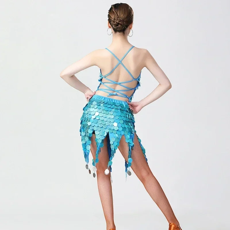 여성용 라틴 슬링 드레스 섹시한 백리스 스팽글 드레스 소녀 드레스 딥 V 스팽글 라틴 댄스 의상 무대 의상