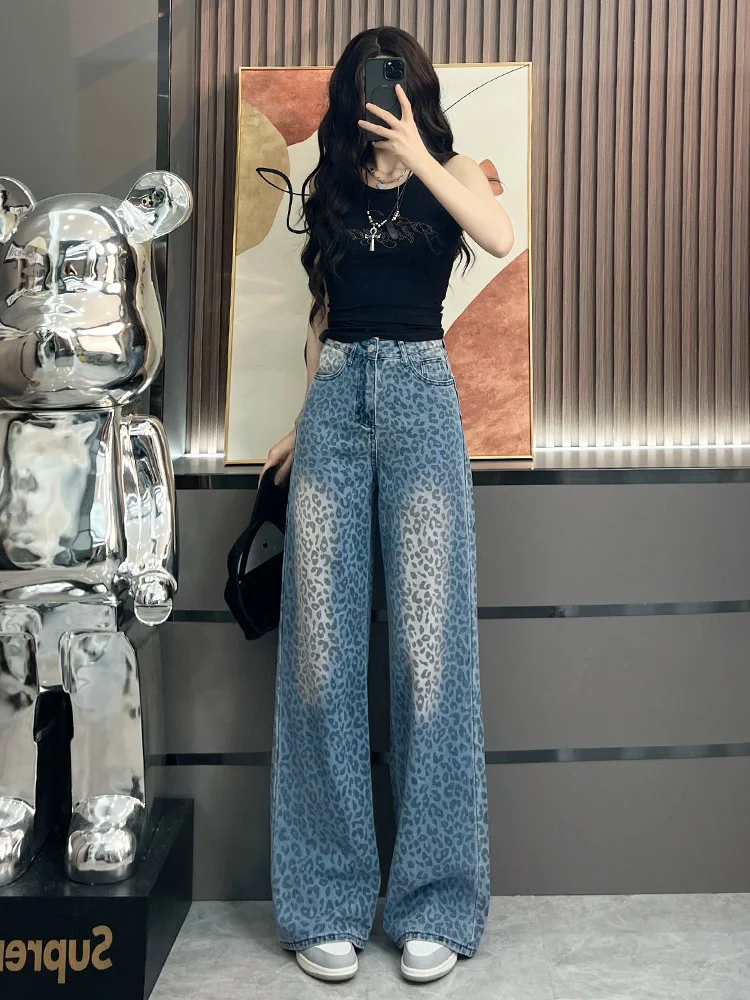 Leopard printing wide leg jeans for women 2025 new summer style super popular loose high waist straight leg pants