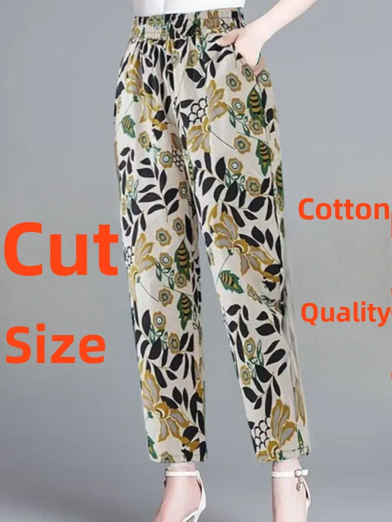 

Повседневные свободные хлопковые тонкие брюки для мам с высокой талией, прямая верхняя одежда, женская верхняя одежда с девятью точками и цветочным принтом, Harajuku Sle Tro...