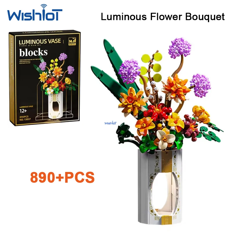 

890pcs Luminous Flower Bouquet Building Blocks Creative Vase Floral Arrangement Home Decor Botanical Collection DIY Toy