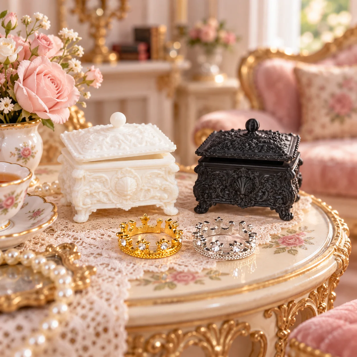 2pcs/1set Miniature Carved Storage Box Ornament, Creative Dollhouse Furniture Accessory, Miniature Bedroom Scene Decoration
