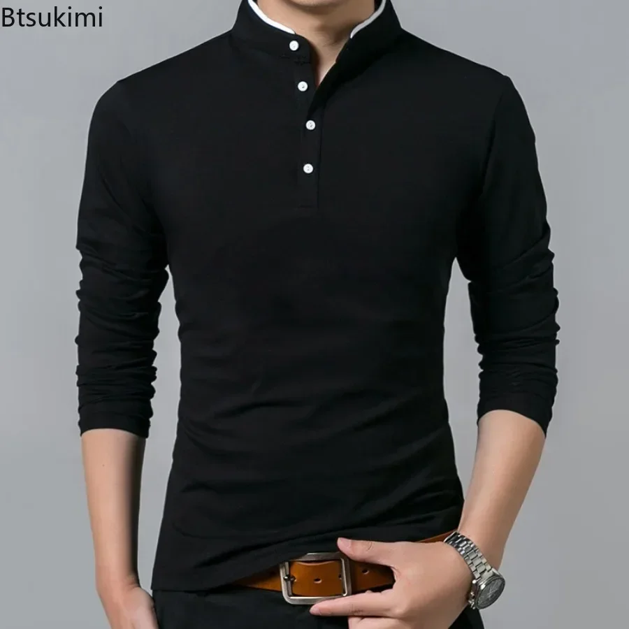 New 2025 Men's Casual Long Sleeve T-shirts Fashion Stand Collar Polo Shirt Men Business Social Solid Slim Tops Cotton Sport Tees - Image 3