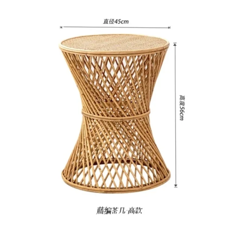 Vintage Rattan Side Table Asian Retro Wabi Sabi End Table with Distressed Finish Living Room Sofa Japanese Style Natural Decor