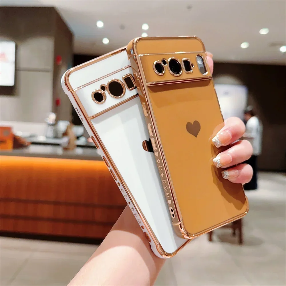 For Pixel 8 Pro 9 Fashion Love Heart Plating Case for Google Pixel 7A Pixel 8 9 Pro ProXL Shockproof Soft Lens Protection Cover