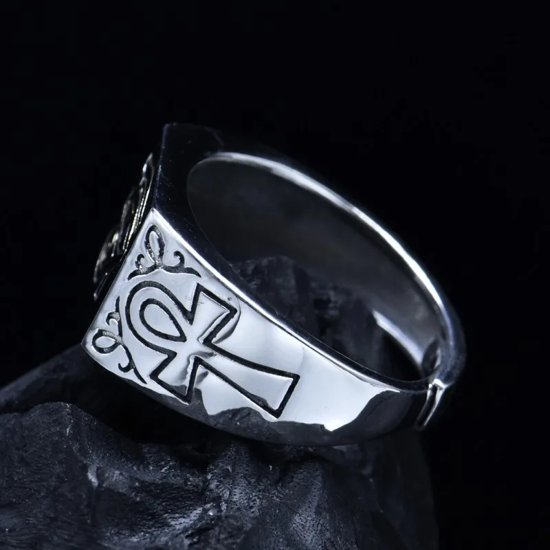 BOCAI New S925 Sterling Silver Ring Vintage Fashion Eye of Horus Egyptian Pharaoh Open-end Ring Men's Gift