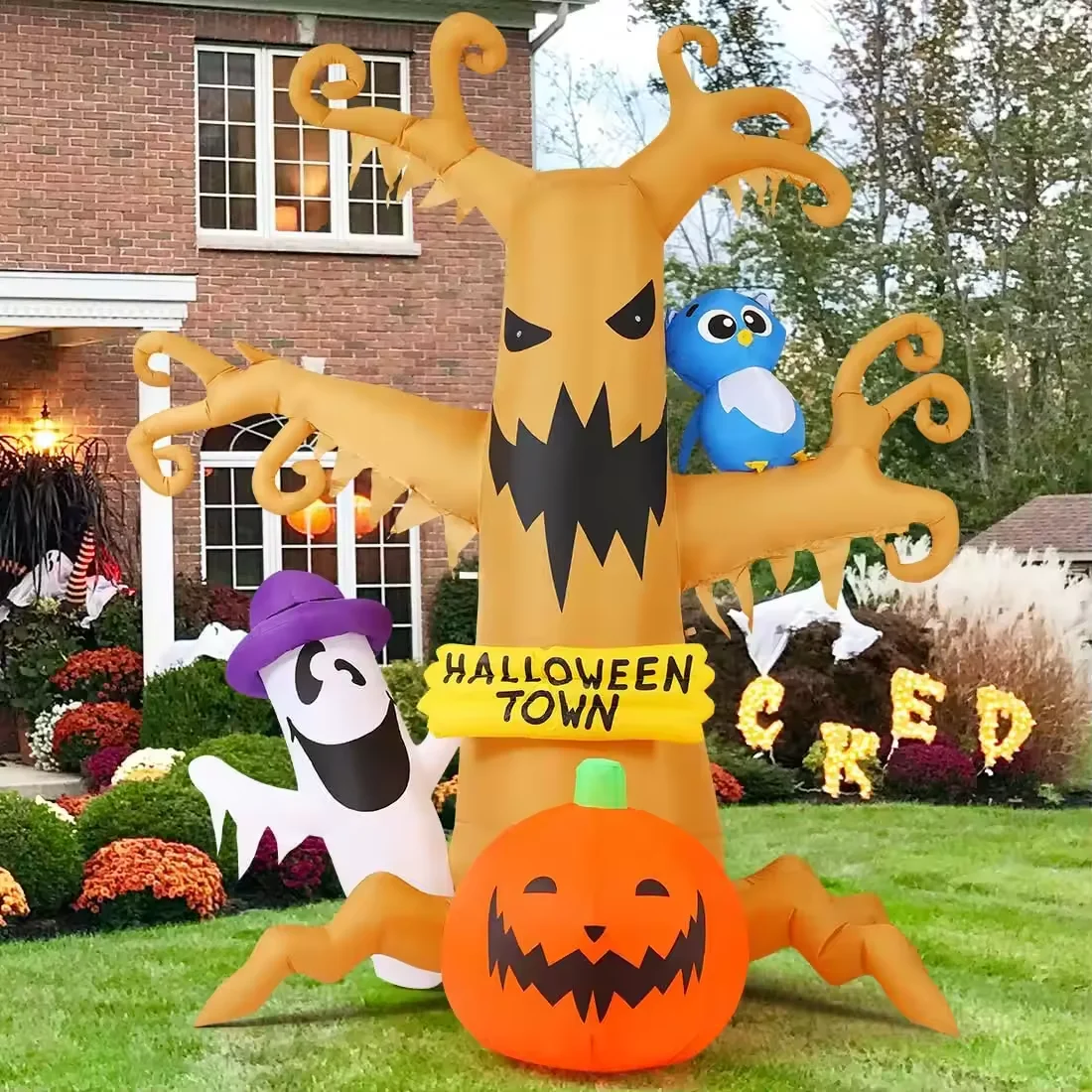 8 FT Halloween Inflatable Tree with Ghost Pumpkin and Owl, Halloween Dead Tree Decorations with LED Lights