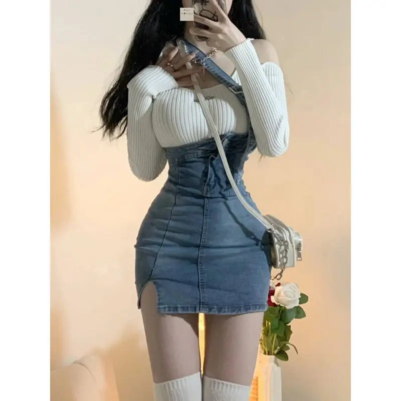 Casual Knitted 2 Piece Dress Suits Women Y2k Sweater + Fashion High Quality Jean Dress Set Korean Fashion Clothing Chic