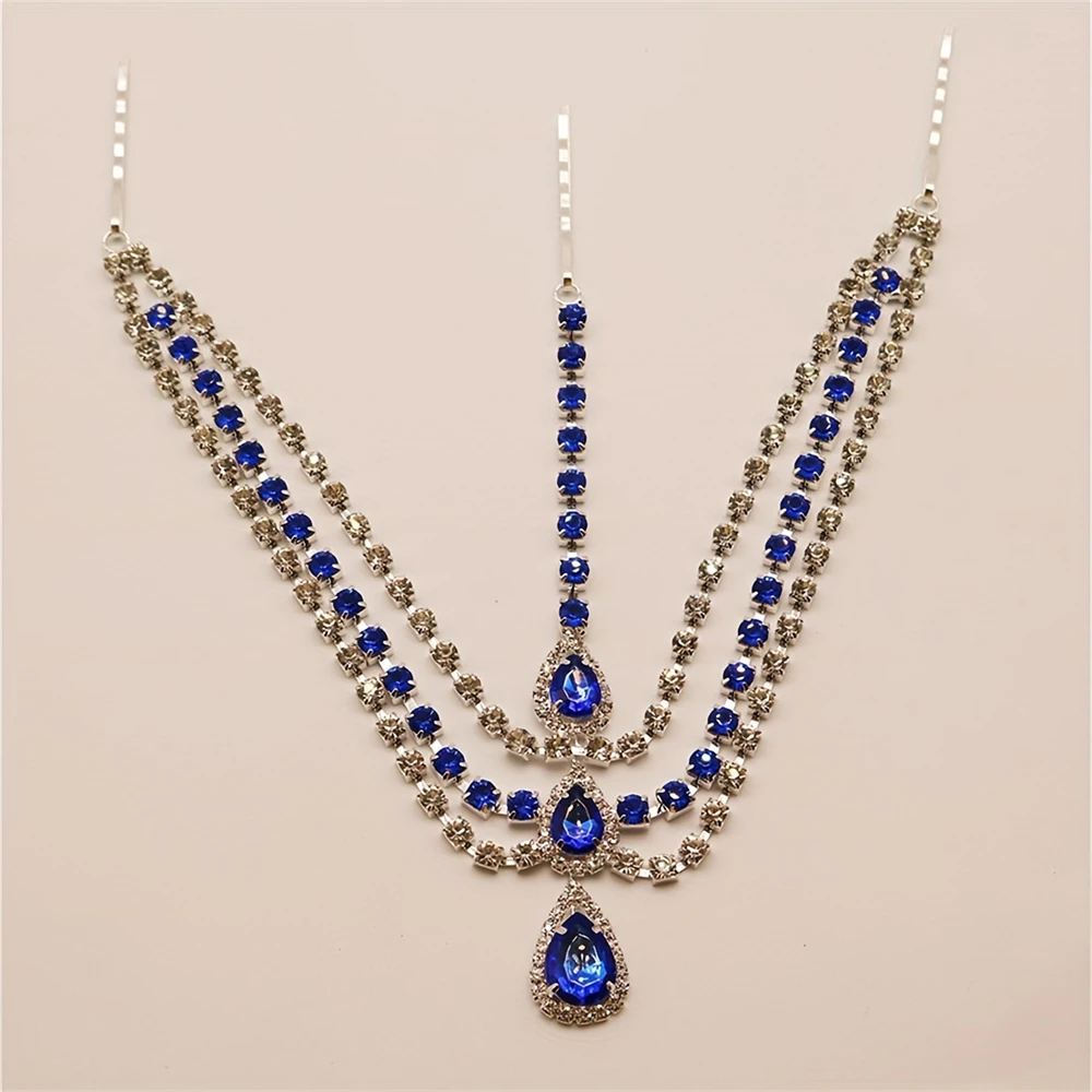 New Fashion Blue Gemstone Water Drop Pendant Hair Chain Luxury Shining Banquet Rhinestone Hair Chain Party Jewelry Accessories