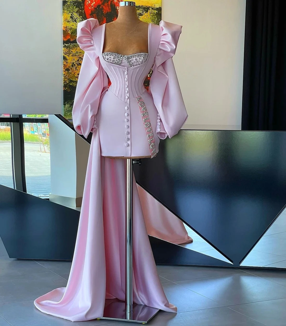 Pink Haute Couture Prom Dresses Sheath Sweetheart Beaded Short Saudi Arabia Dubai Robe De Soiree Evening Dress Gown Customized