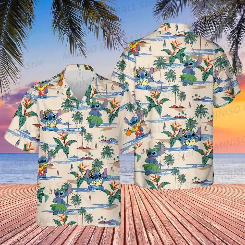 Disney-camisa hawaiana de dibujos animados Aloha Stitch para niños y niñas, ropa informal para vacaciones, playa, fiesta, padres e hijos, novedad de verano