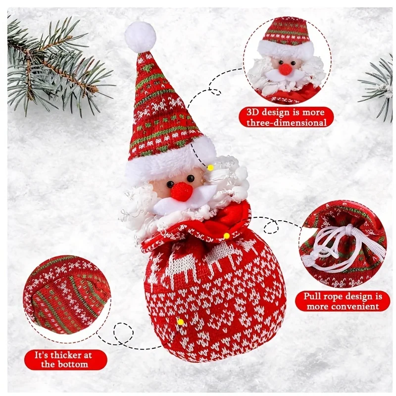 

Christmas Gift Doll Bags, Knitted Drawstring Christmas Bags Reusable 3D Xmas Candy Gifts Bag Red Doll Bags 11 x 6 Inch Santa Sa