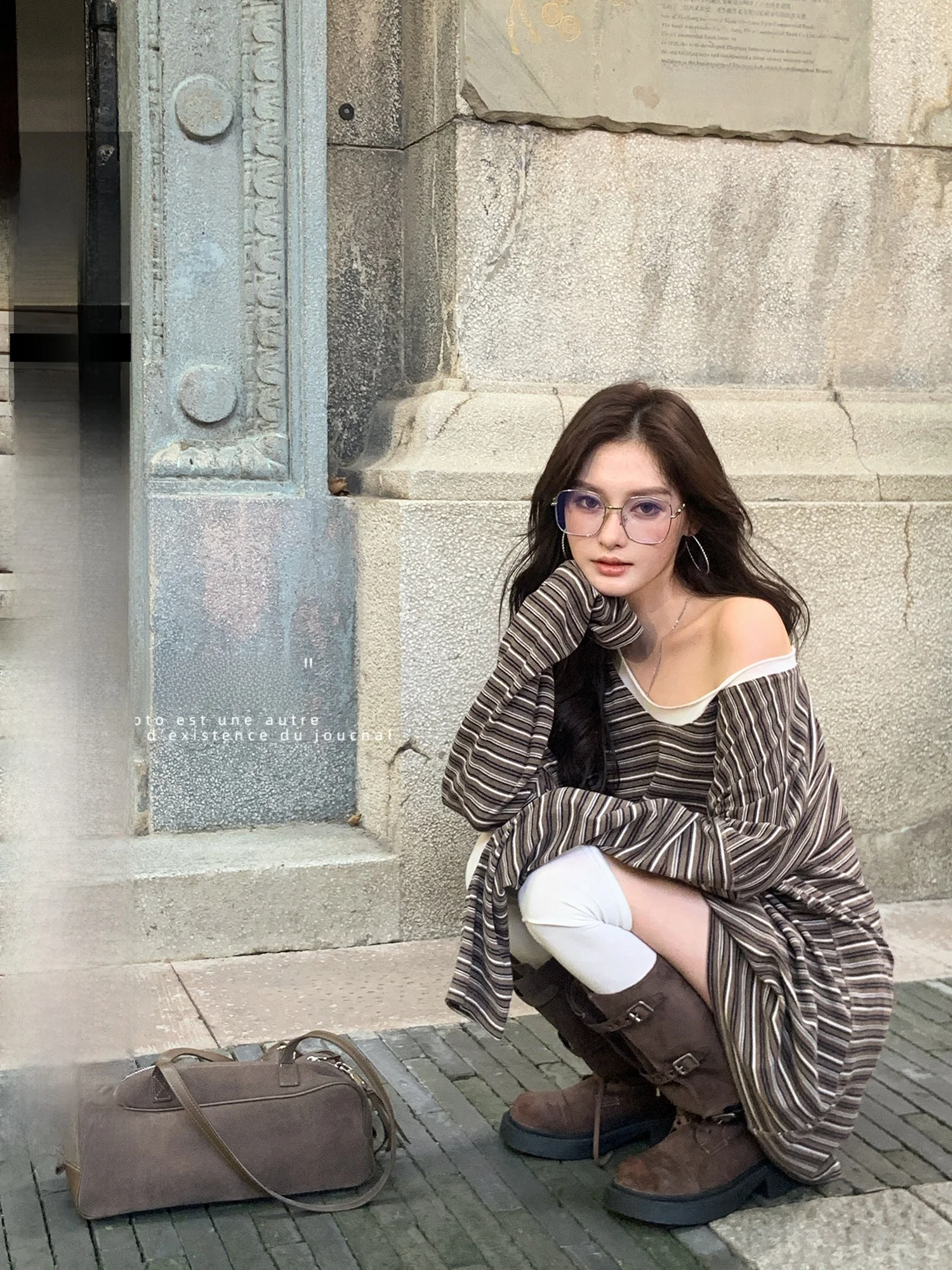 

KAS винтажная свободная длинная све круглая полосатая футболка женская универсальная утягивающая базовая одежда irt повседневная одежда