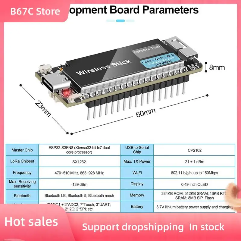 

B67C ESP32-S3 Беспроводная макетная плата Lora WIFI Bluetooth SX1262 Lorawan BLE Быстрое подключение Type-C 433-510 МГц Простота в использовании
