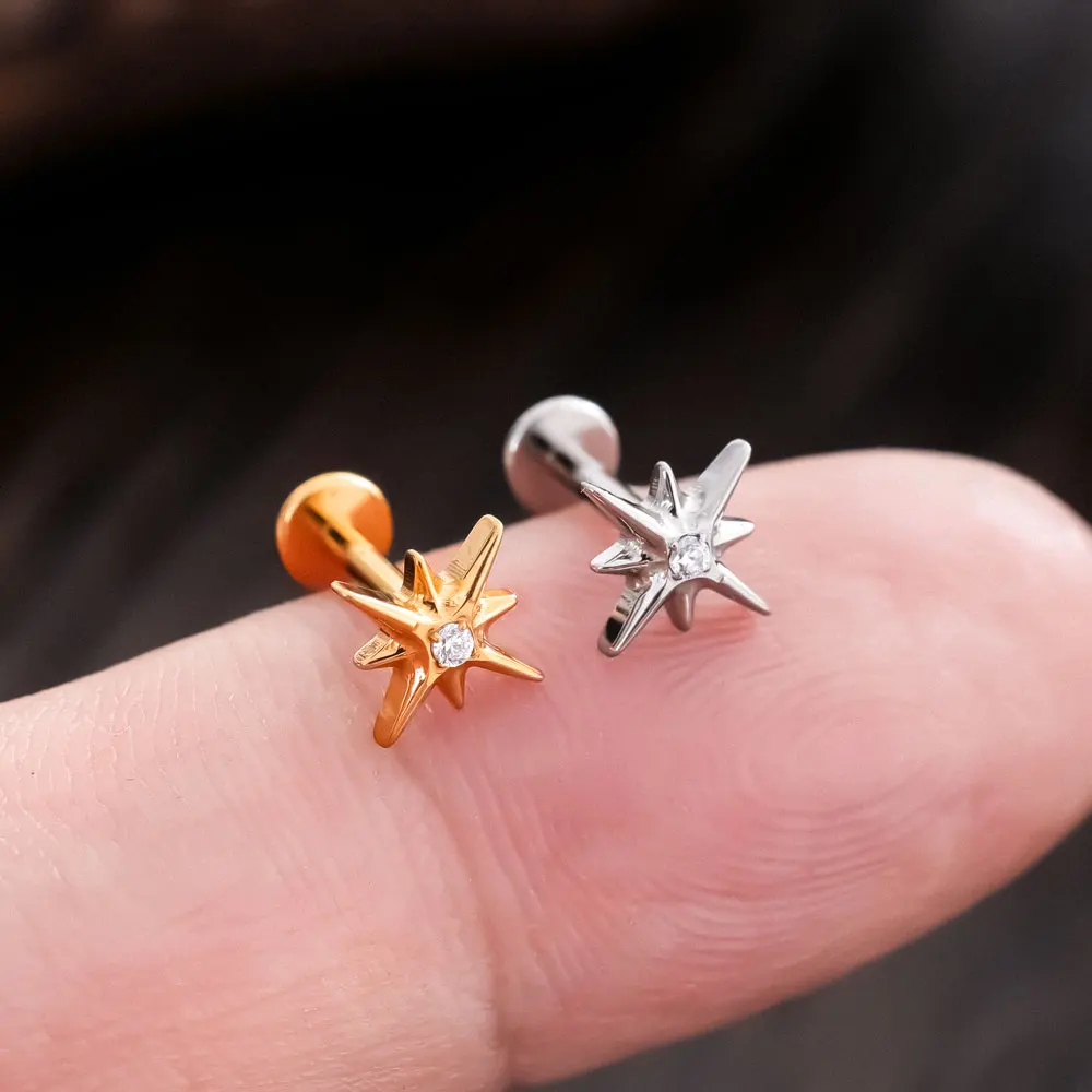 G23 ASTM F136 Titanium External Thread North Star Lip Nails Stud Earring Labret Ring Cartilage Helix Piercing Jewelry