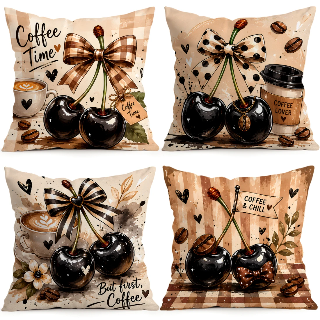 1pcs/4pcs Cherry Coffee Retro Plaid Cushions Pillowcase Polyester Cushion Cover Throw Pillow Pillowcover Home Car Sofa Decor