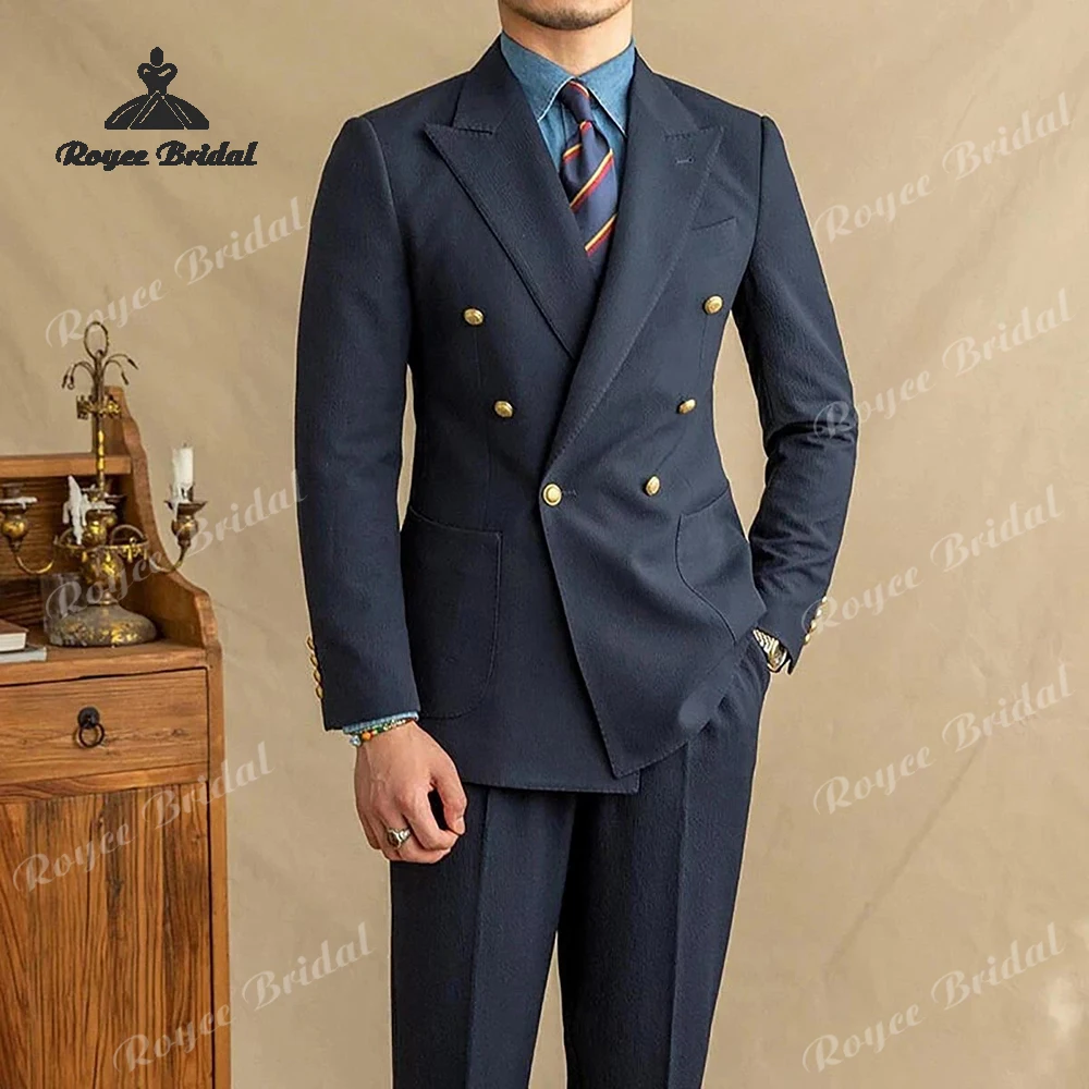 الأزرق الداكن قطعتين مزدوجة الصدر الرجال دعوى الزفاف 2026 الذروة التلبيب مساء بدلة عمل مخصص trajes الفقرة hombre #1
