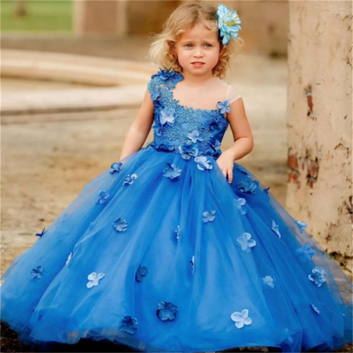 New Blue Lovely Sleeveless Tulle Lace Decal Fluffy Princess Flower Girl Dresses Wedding Party Ball First Communion Dresses Gift