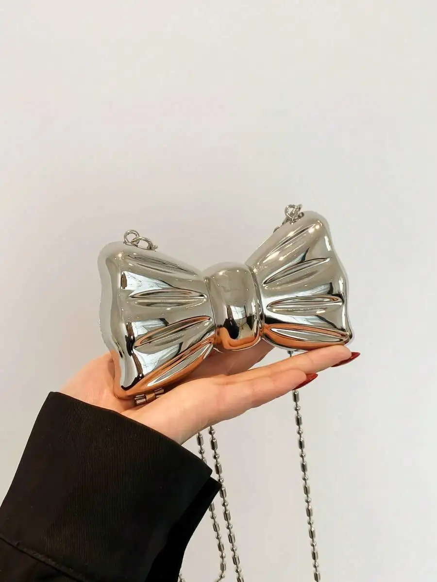 

Shiny Metallic Bow Clutch Bag with Chain Strap for Evening Party Use