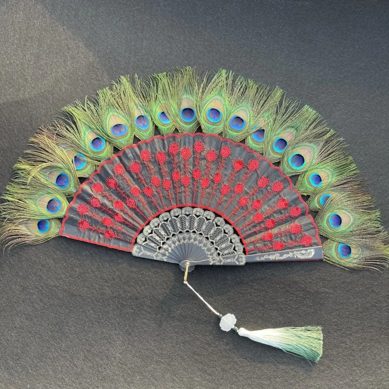 Peacock Feather Folding Fan Fashion Embroidery Sequin Dance Hand Fans Personality Pendant Gift Wedding Party Decoration Crafts - Image 2