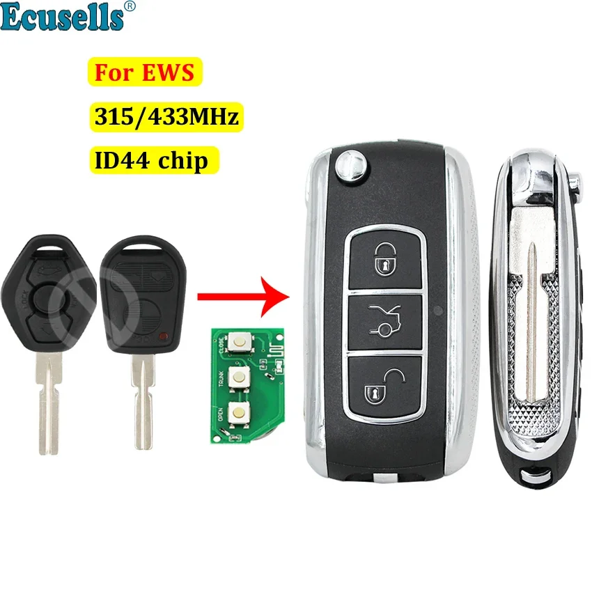 Flip Remote Key Keyless Entry Fob Transmitter 315mhz/433mhz ID44 Chip for BMW 1 3 5 Series E36 E38 E39 E46 X5 X3 Z4 HU58