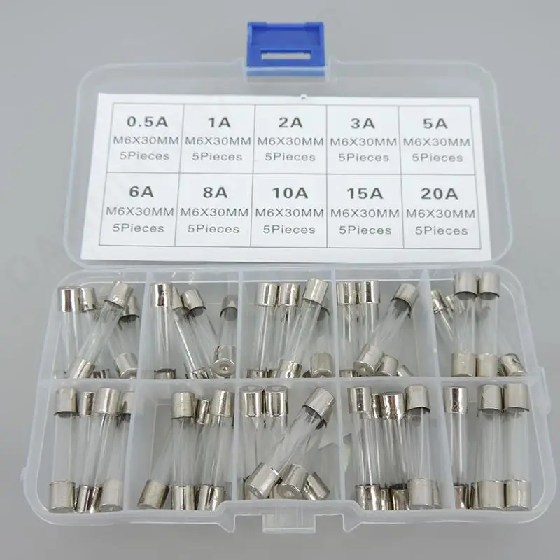 50Pcs 6x30mm fast Blow Glass Tube Fuse Assorted Box Kits T 0.5A,1A, 2A, 3A, 5A,6A,8A,10A,15A,20A 10A 12A 15A v