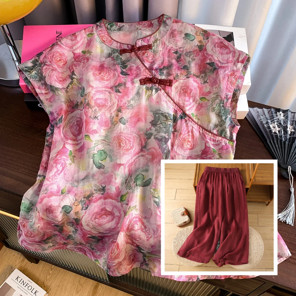 

Весна-Лето 2026: Модный женский комплект больших размеров из хлопка и льна с вышивкой – повседневный костюм из двух предметов (топ и брюки)