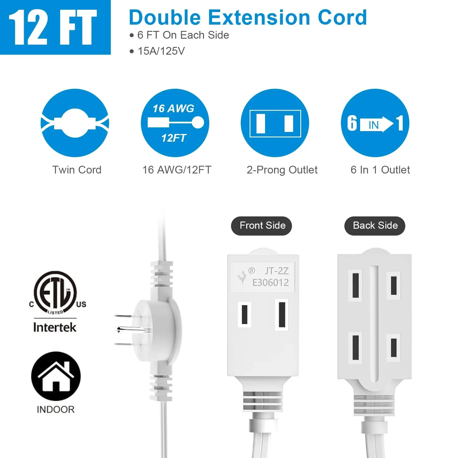 Twin Extension Cord Power Strip, 12 FT Double Extension Cord Splitter (6 FT Each Side),3 Prong Plug, 6 Polarized Outlets,16 AWG