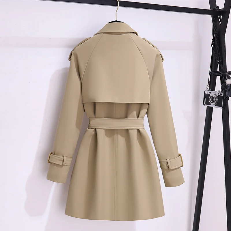 Khaki Black Short Trench Coat With Sashes Women Spring New Loose Casual Lapel Double-breasted Long Sleeve Female Windbreaker