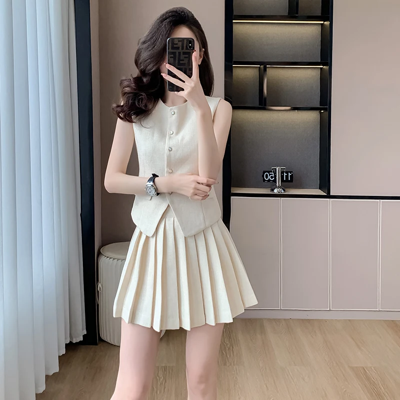 High Quality New Spring Summer Small Fragrant Two Piece Set Women Outfit Short Vest Top + Pleated Mini Skirt 2 Piece Sets