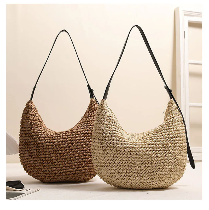 Modische Unregelmäßige Strohtasche Schulterhandtasche Einfarbig Neue Strand-Urlaubstasche für Damen Geflochtene Schultertasche Accessoire – Detail 4