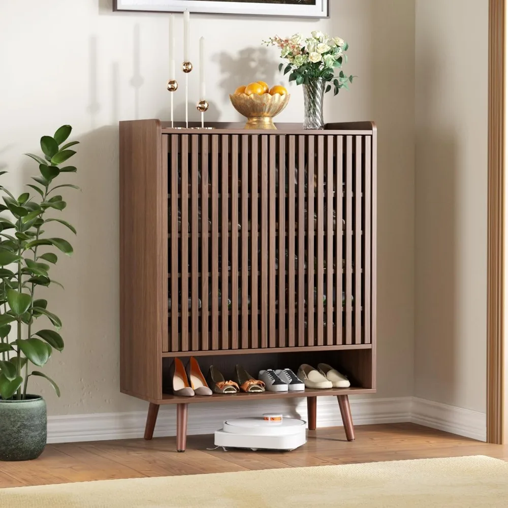 

Large Shoe Cabinet with Grille Doors, 6 Tier Wooden Shoe Storage Cabinet with Adjustable Shelves, Mid-Century Freestanding