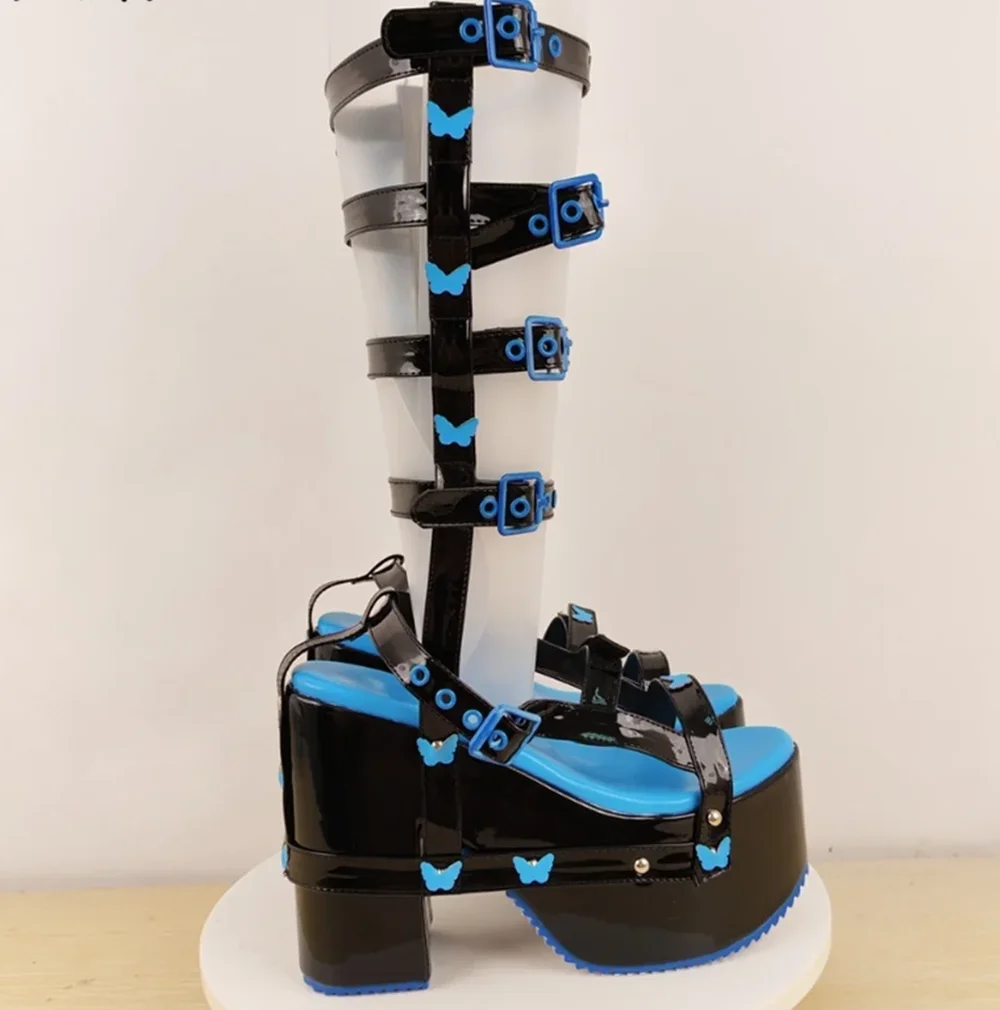 

Black Patent Leather Chunky Block Heel Platform Sandals Multi-Strap Buckle Design Playful Butterfly Color Fashion Boots Looks