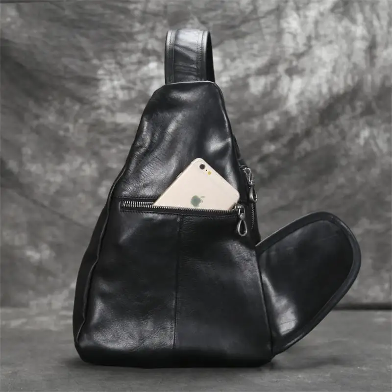 Imagem -05 - Bolsa de Couro Genuíno dos Homens Bolsa de Peito Bolsa de Ombro Único Pacote de Peito de Couro Bolsa de Equitação Esportes para o Homem Masculino Preto Peito Mochila