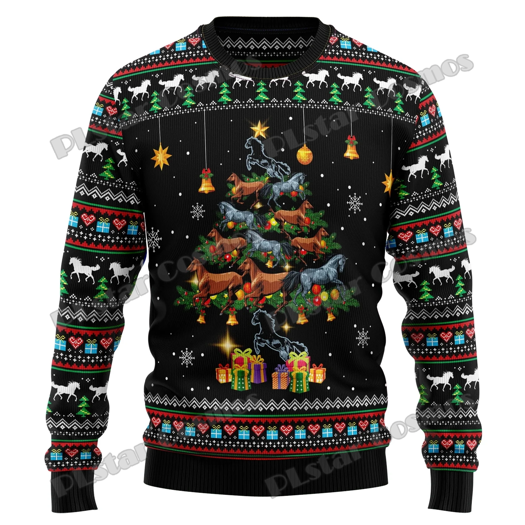 PLstar Cosmos Horse Christmas Tree 3D Printed Men's Ugly Christmas Sweater Winter Unisex Casual Warm Knitwear Pullover MY27