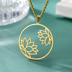 Dawapara Yoga Lotus Flower Women Necklace Buddhist Mandala Minimalism Charm Stainless Steel Healing Jewelry