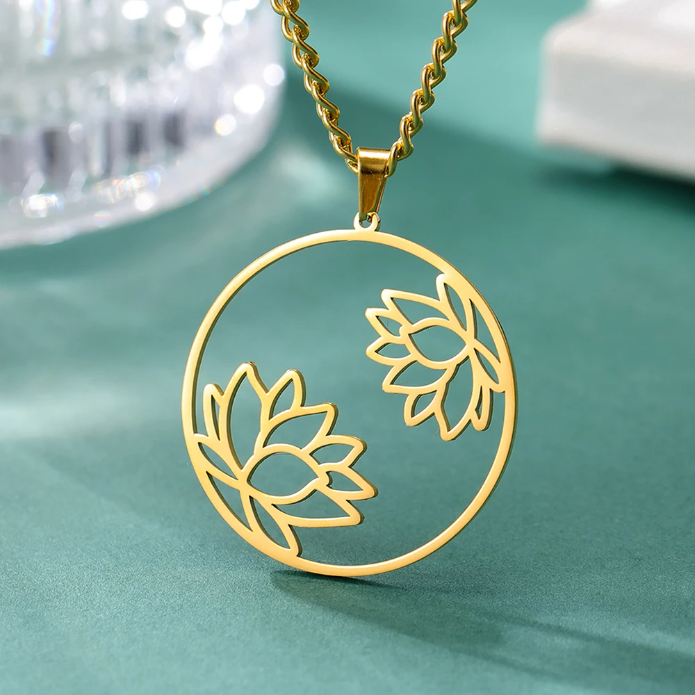 Dawapara Yoga Lotus Flower Women Necklace Buddhist Mandala Minimalism Charm Stainless Steel Healing Jewelry