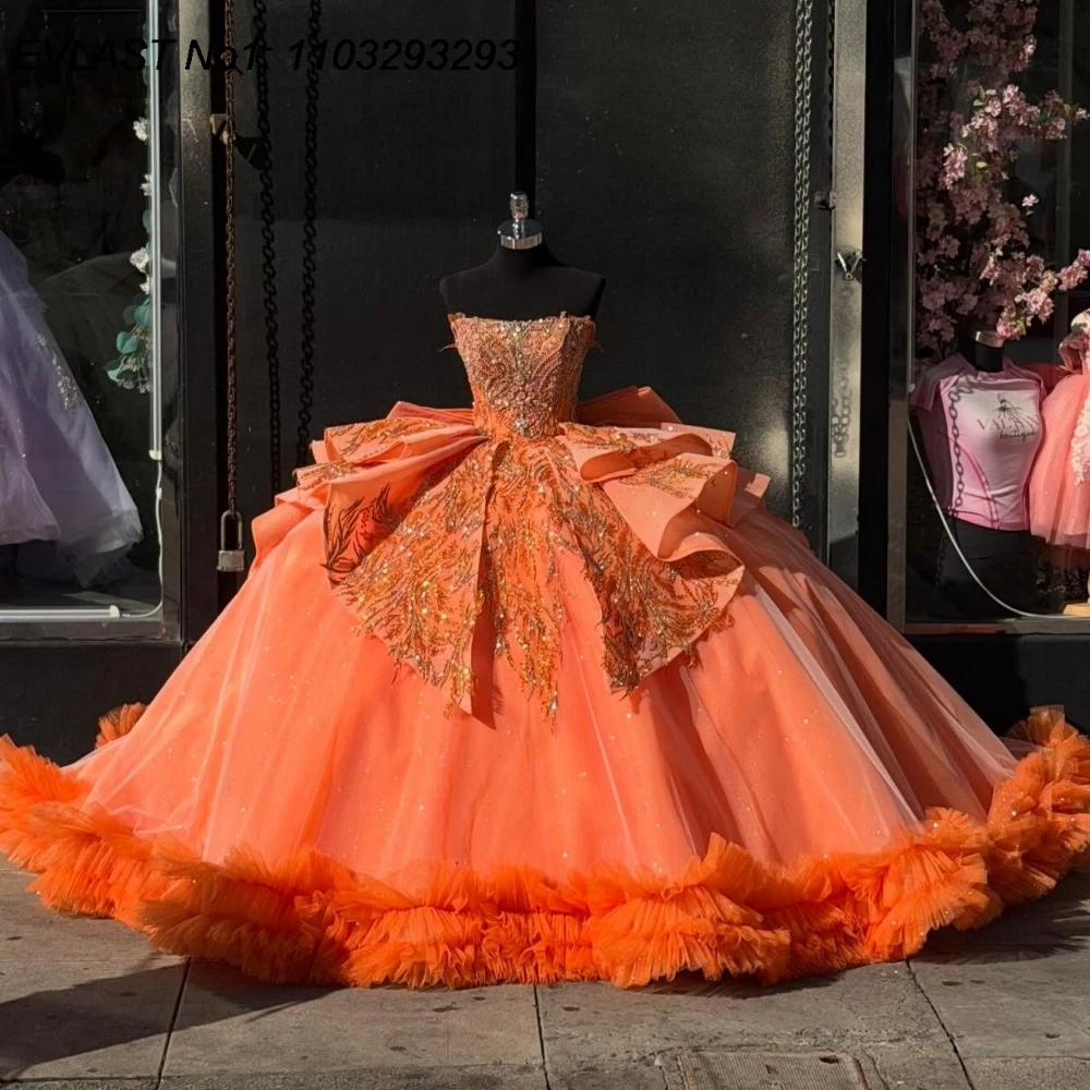EVLAST Vestido de Quinceañera Naranja Brillante Personalizado, Vestido de Gala con Volantes Brillantes, Apliques y Cuentas, Vestido de Fiesta de 15 Años AQ476