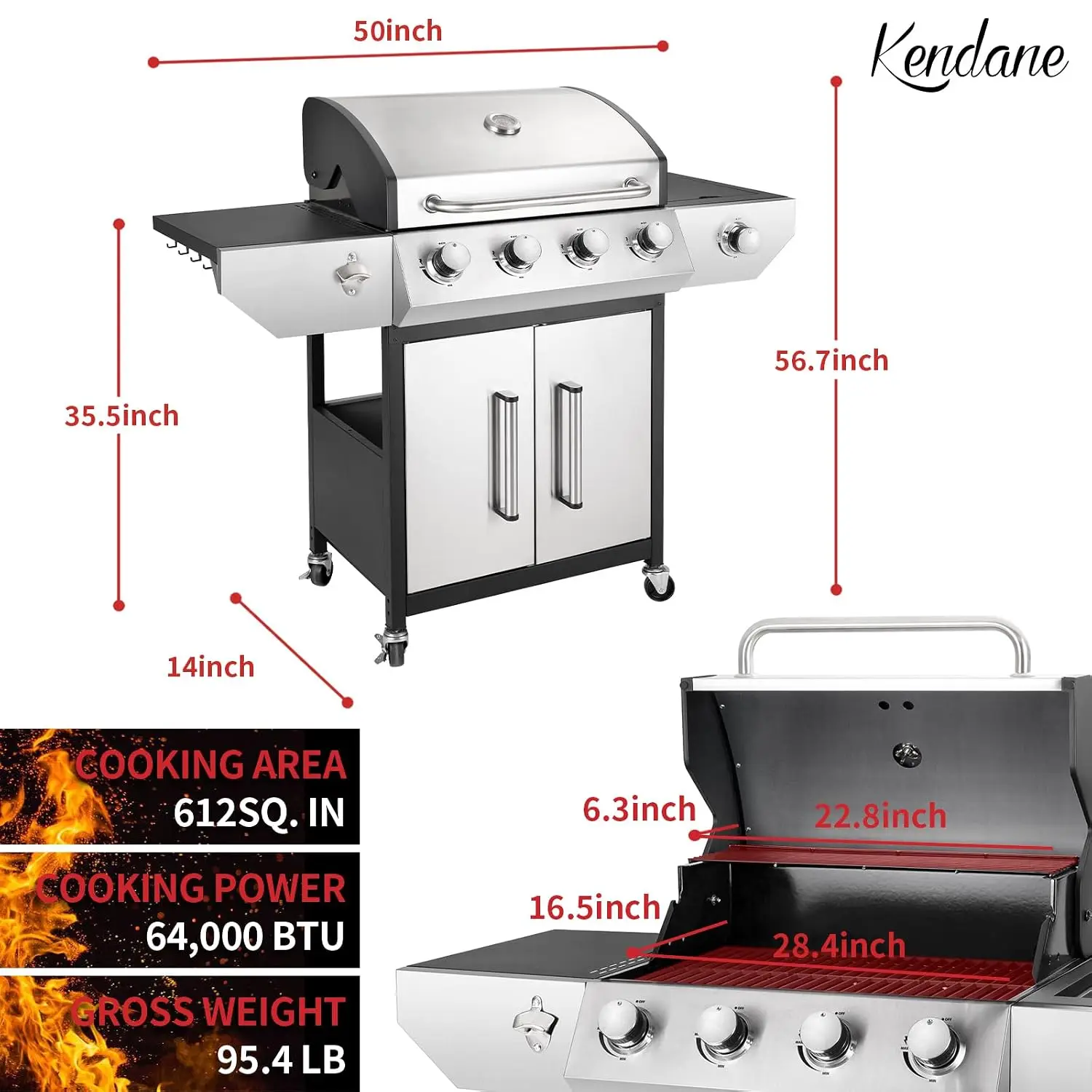4-Burner Propane Gas BBQ Grill with Side Burner, Enameled Cast Iron Grates for Outdoor Patio, Custom