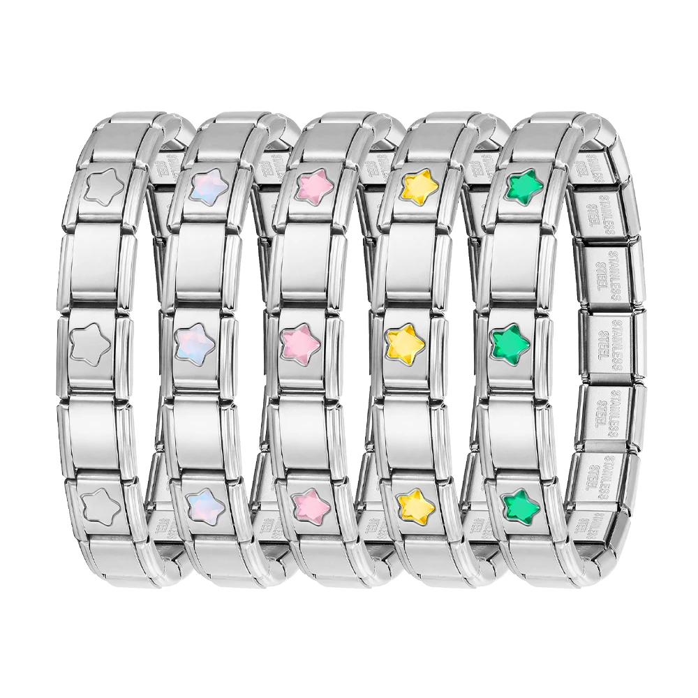 Green Pink Yellow Red Pentagram Charms Italian Bracelet Link Fit 9mm Stainless Steel Making DIY Jewelry Accessorie Wholesale