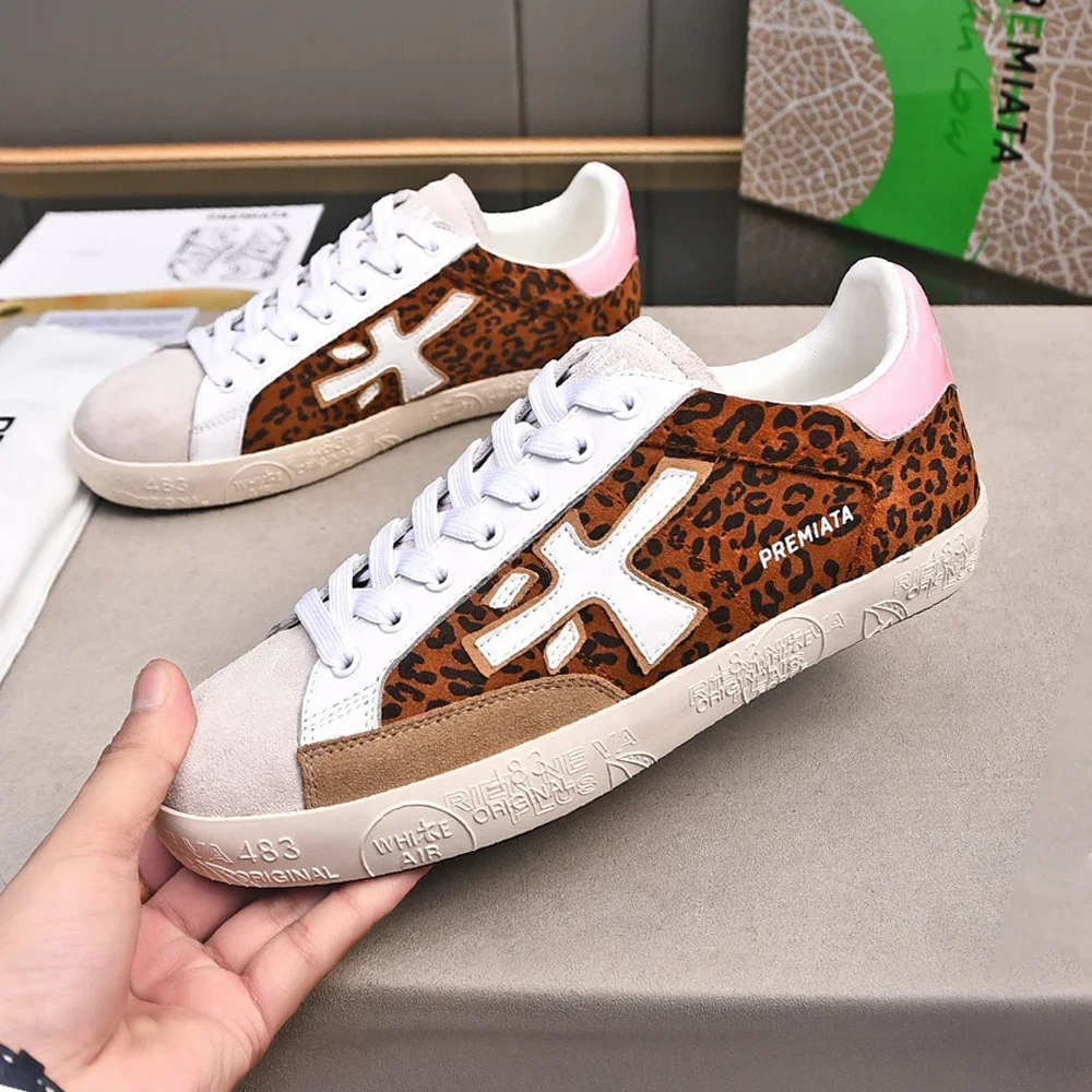 PREMIATA Retro Simple Trend All-match Sports Skateboard Shoes Leopard Print Low-top Round Toe Lace-up Couple Casual Flat Shoes