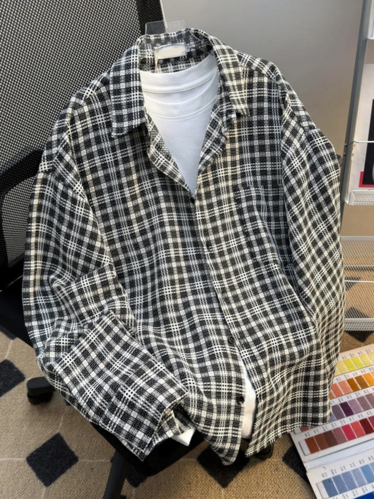 

Spring Autumn Plaid Long Sve Men's irt Casual Retro Hong Kong Sle Loose Versatile Youth Sports irt Travel Friendly