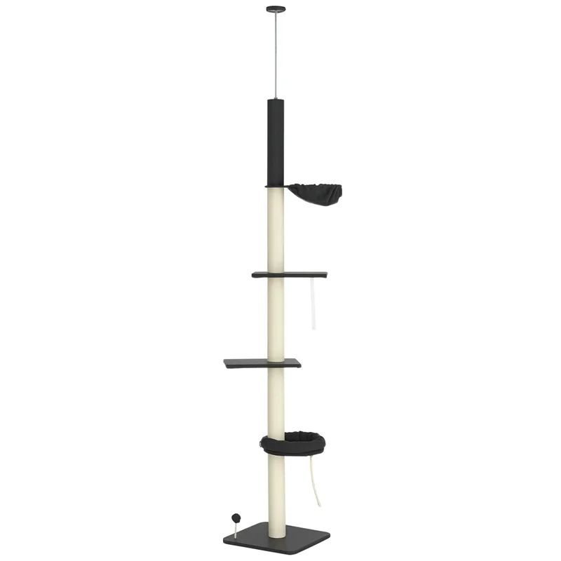 

PawHut Floor To Ceiling Cat Tree, 5-Tier Cat Climbing Tower, 95''-106'' Height Adjustable with Carpeted Platforms, Cozy Bed, Hammock, Scratching Post & Toy Ball for Indoor Cats, Dark Gray and Cream